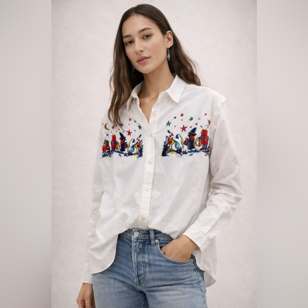 Vintage Casey Coleman Halloween Embroidered Cotton Shirt Large 90s